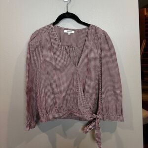 Madewell Maroon and White Checkered Wrap Blouse Large